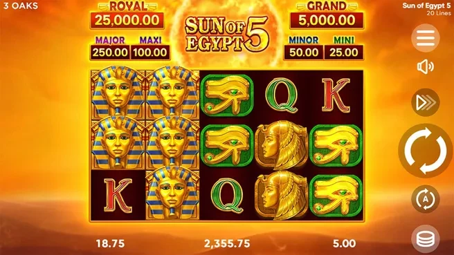 Sun of Egypt 5 — asosiy geympley ekrani, 5x3 toʻr va jekpot paneli